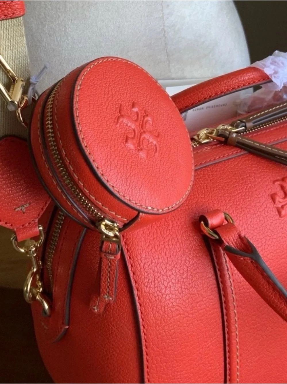 Tory Burch Round Embossed Leather Coin Case in Bright Orange-Red